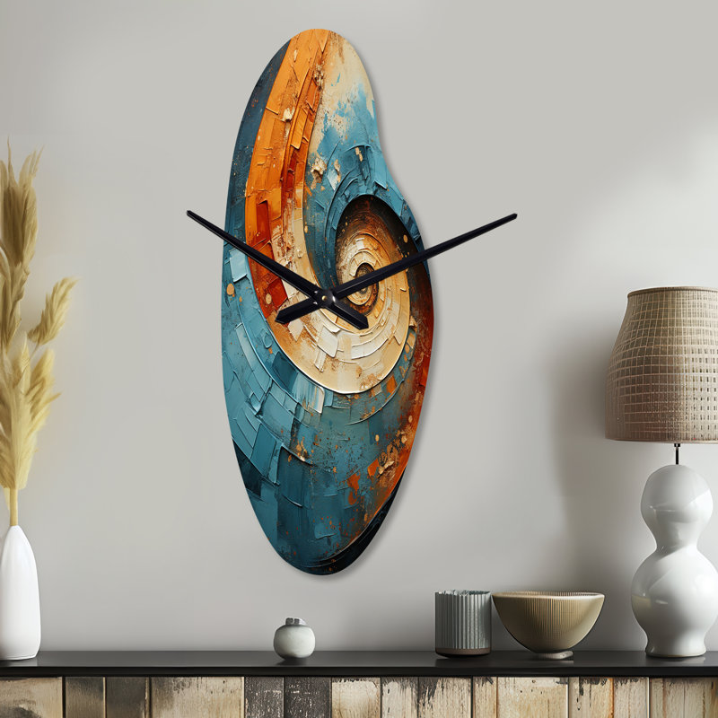 Orange Teal Abstract Spirals I - Abstract Spirals Curved Metal Wall Clock, Orange Asymmetrical Wall Clock Print, Large