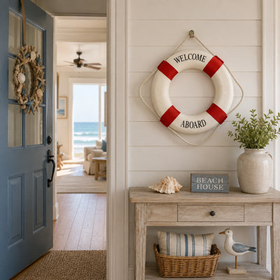 Welcome Aboard With Red Striped Life Saver Wall Decor