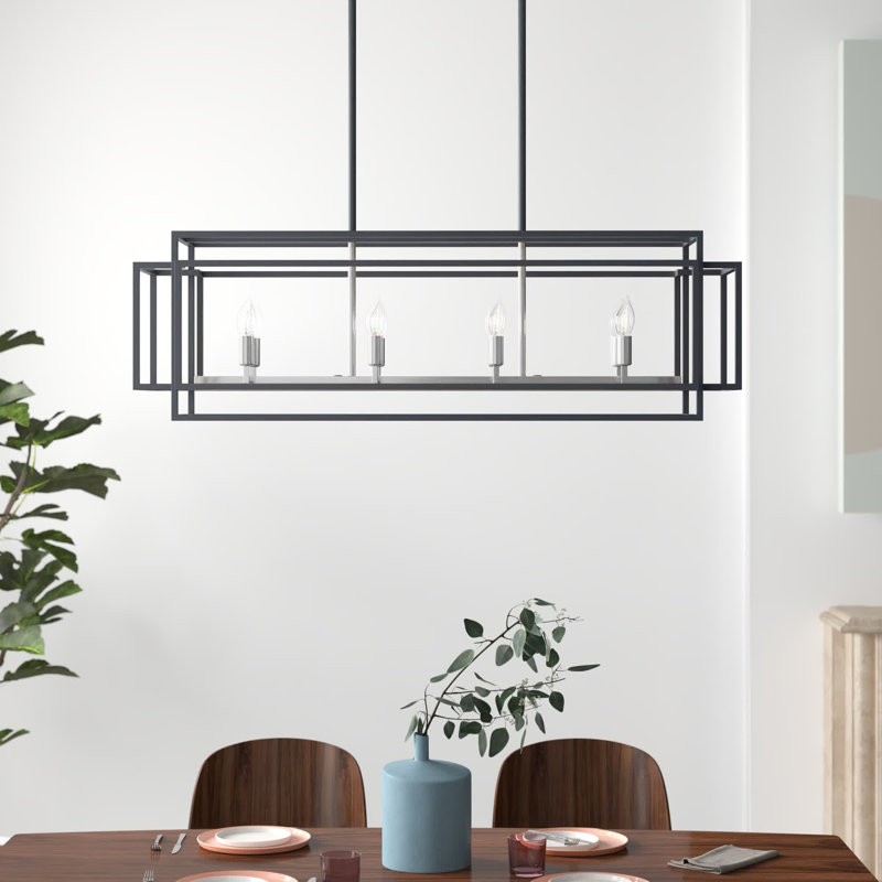Lustre rectangulaire pour îlot de cuisine à 8 lumières Horley, Noir / Nickel brossé