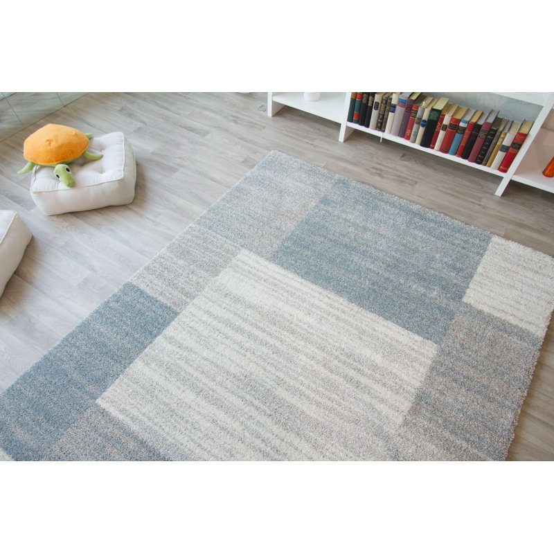 Moderner Designer Teppich Pandora mit Feldermuster in Silber / Grau, Rectangle 80 x 150cm
