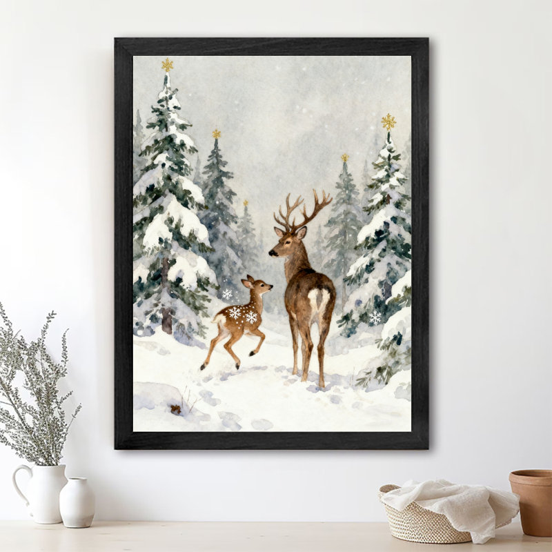 Aquarelle noire encadrée de cerf dans une forêt enneigée, impression sur toile de style rétro, H 11 po x l 9 po