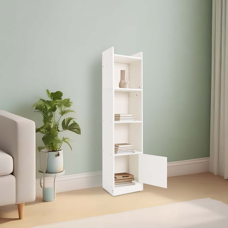 Freestanding Storage Cabinet Small Narrow Corner Bookcase Open Shelves Tower Rack With Door, Warm White