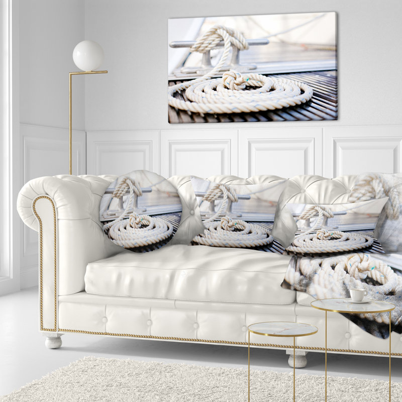 Corde blanche d'amarrage nautique - Coussin imprimé paysage, 16 po x 1 po, Coussin décoratif