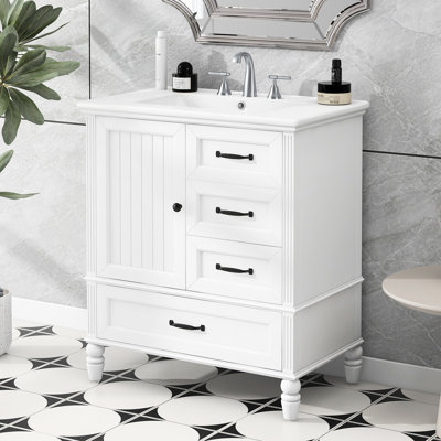 30-inch Bathroom Vanity With Retro Aesthetic, Ceramic Sink, And Soft-close Mechanism Design, Hardware