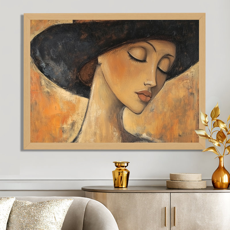 Femme au chapeau parisien II - Tableau moderne encadré, 24" H x 32" W, Natural Picture Framed