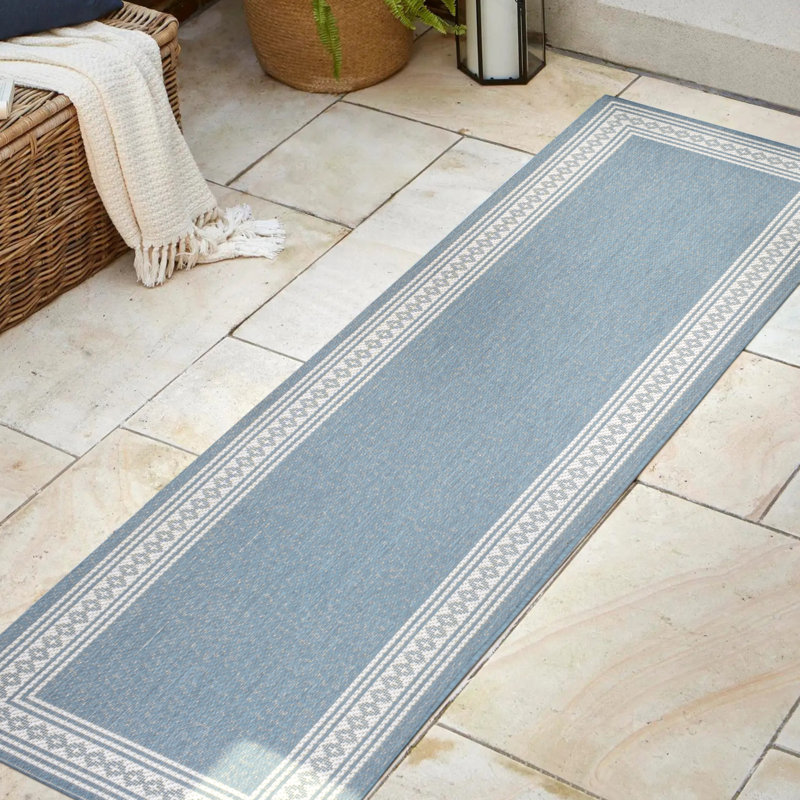 Cisse Classic Diamond Border Blue/Cream Indoor/Outdoor Rug, Runner 2' x 8'