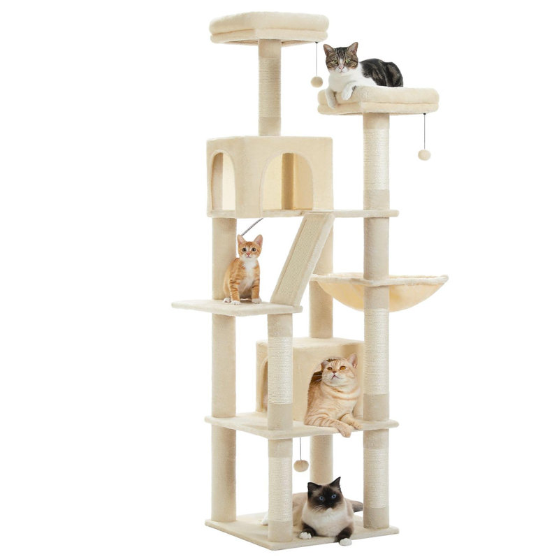 Grand arbre à chat 80 po avec cachettes, condos, hamacs et boules jouets, Beige