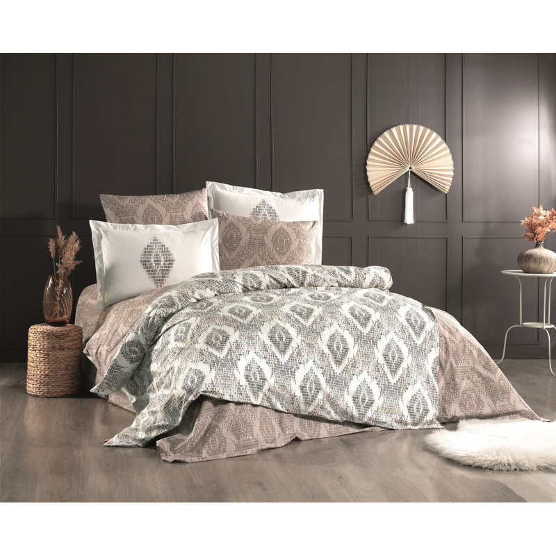 Ensemble de housse de couette élégante en popeline double, 100% coton, brun, crème et vert | Housse de couette: 78,7 po x 86,6 po, drap plat: 94,5 po x 102,4 po, taies d'oreiller (2): 19,7 po x 27,6 po | Lavable à la machine, doux et confortable, conception élégante