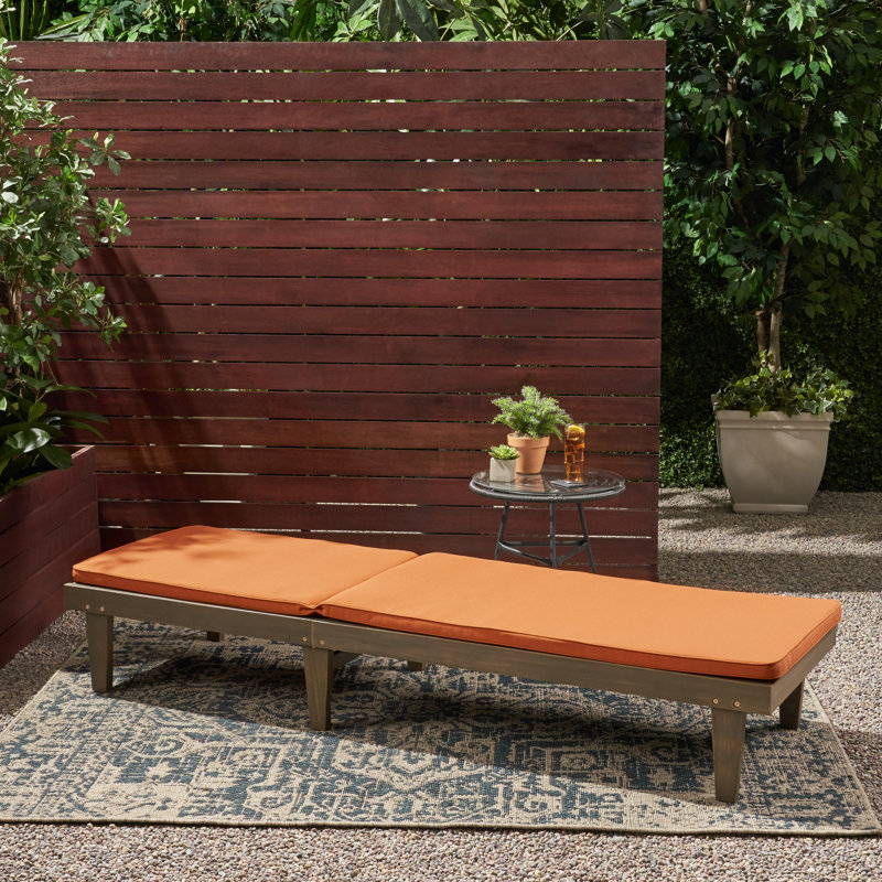 Moulton Outdoor Acacia Wood Chaise Lounge , Cushion Included, Gray Frame / Orange Cushion