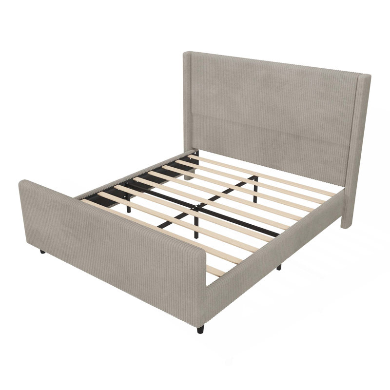 50.7'' High Headboard Corduroy Upholstered Bed Frame With Vertical Stripe Wingback And High Footboard No Box Spring Needed