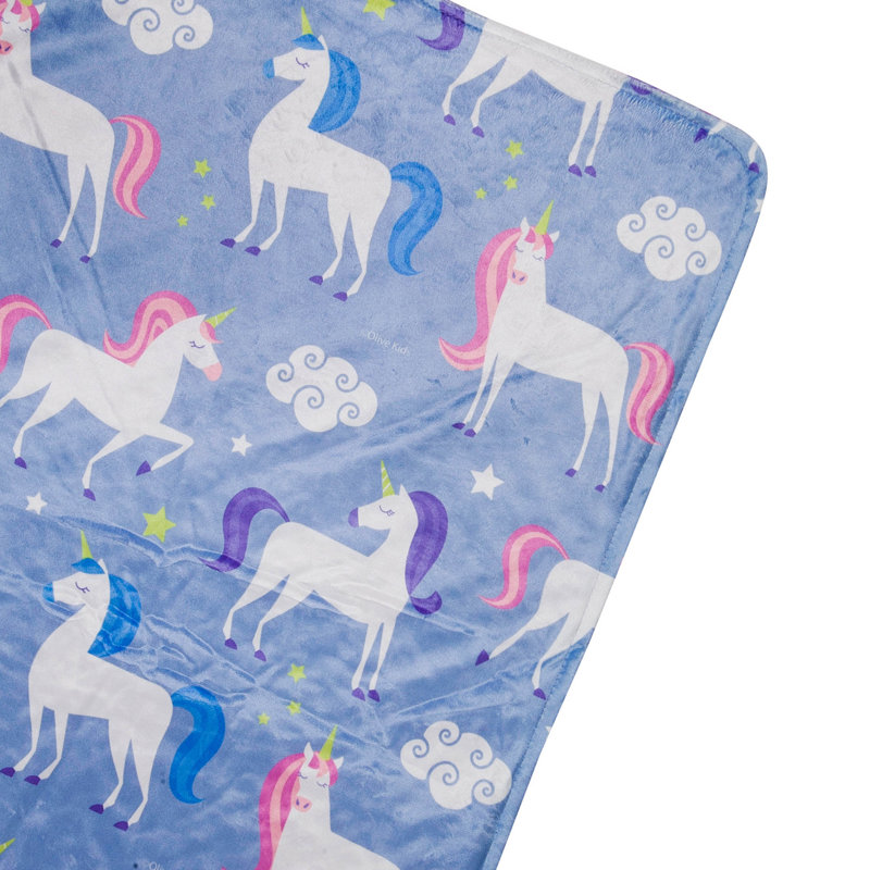Unicorn Print Pink and Purple Plush Throw Blanket for Kids