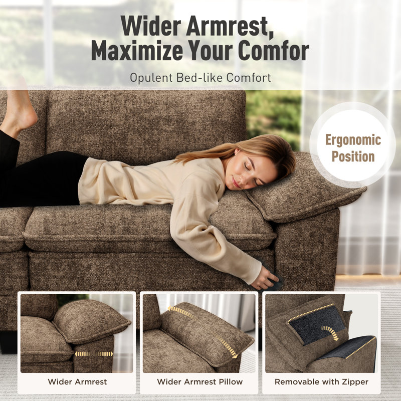 158" Modular Sectional Sofa with Ottoman, Oversized L-Shaped Deep Seat Couch with Wide Removable Armrests, Brown Chenille