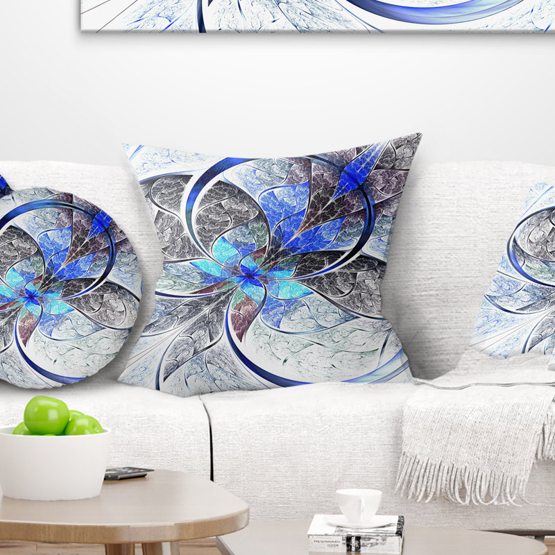 Fleur symétrique bleue fractale - coussin imprimé abstrait, 16 po x 16 po, Coussin décoratif