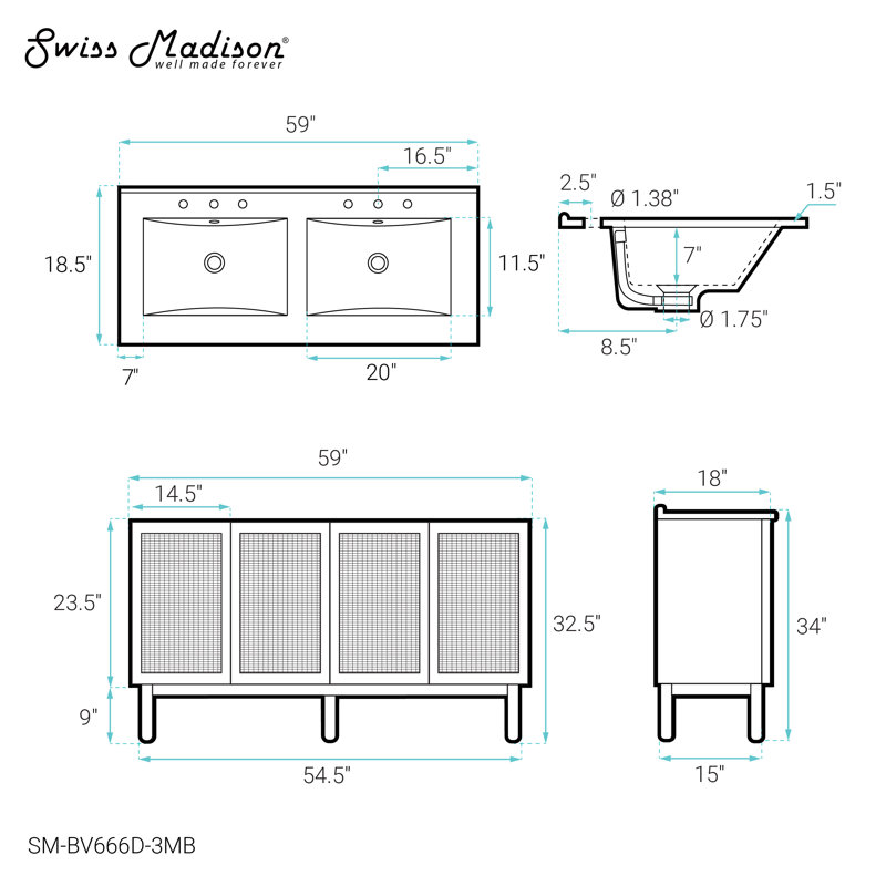 Classe 60" Bathroom Vanity in Oak, 3, White