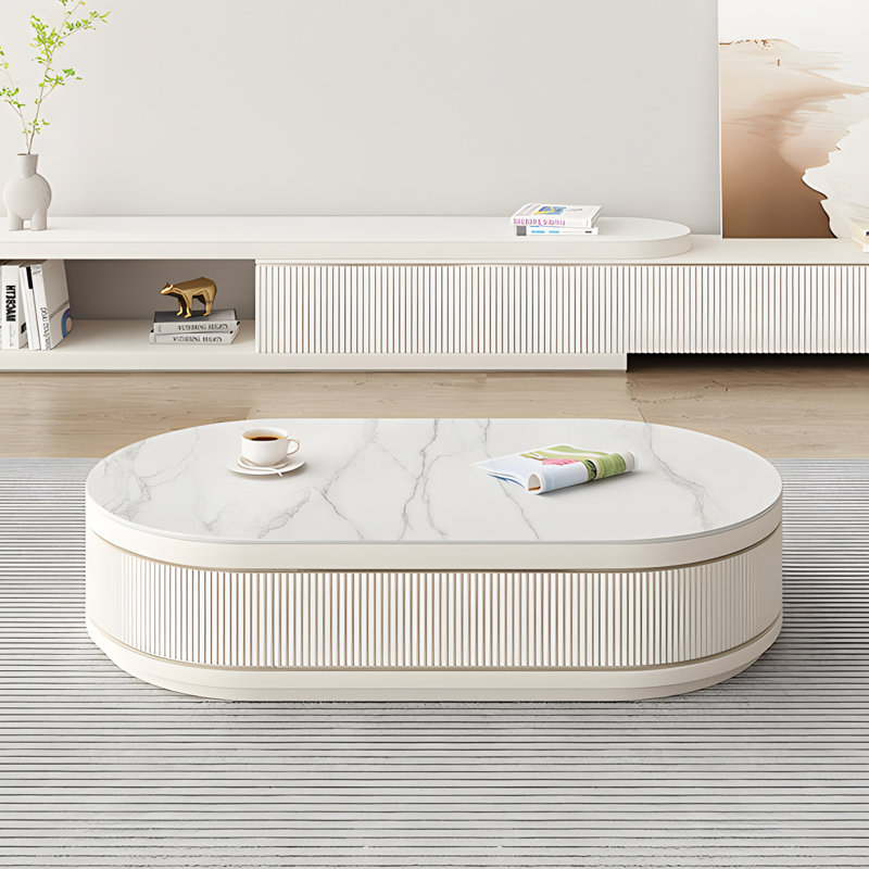 Modern Round Coffee Table with Storage Space, Extendable47 inches - 61 inches, White Simple Design, Suitable For Living Room, Sofa Companion