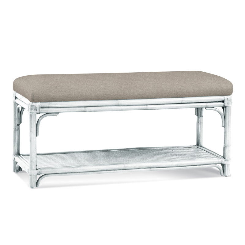 Summer Retreat Wicker Shelf Storage Bench, Frost White, Green and Blue Stripe; 0252-54