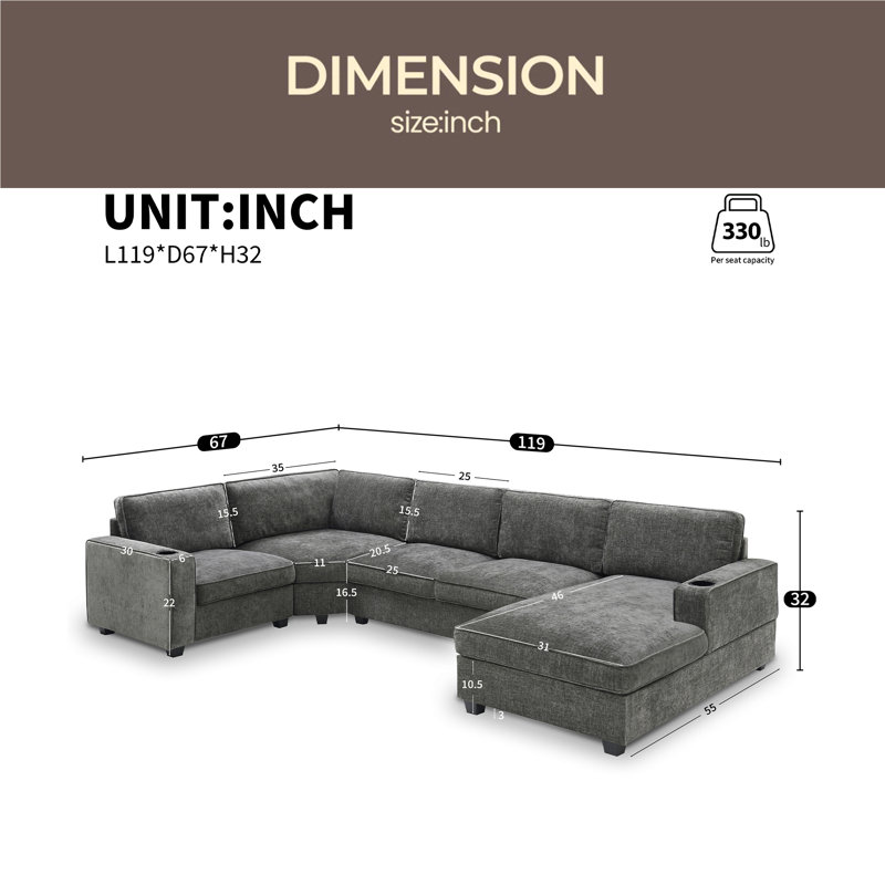 Canapé modulaire en forme de U de 119 po de 119 po, ensemble de canapé d'angle en chenille 6 places avec porte-gobelets, méridienne surdimensionnée, coin irrégulier, siège profond et large, canapé confortable pour salon et appartement