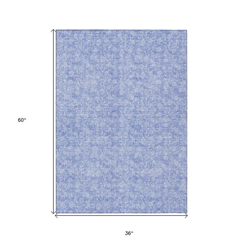 3' X 5' Denim Blue And Ivory Floral Washable Indoor Outdoor Area Rug