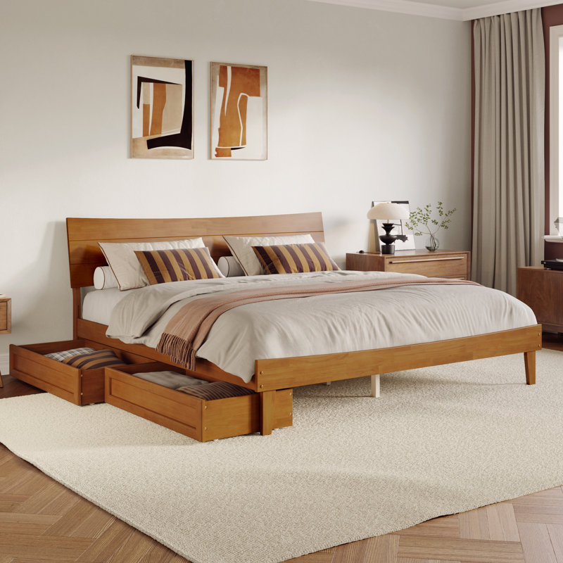 Phoenix Wood Platform Bed with Storage Drawers, Caramel clair, King