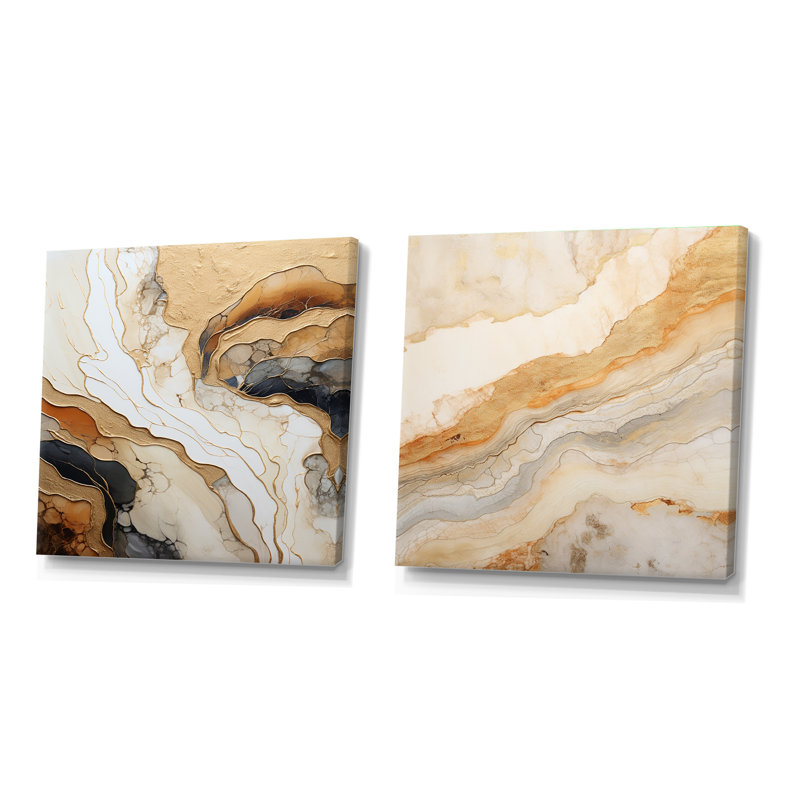 Or et blanc Marble River - ensemble de 2 collages carrés abstraits en marbre, Toile tendue, H 30 po x l 61 po