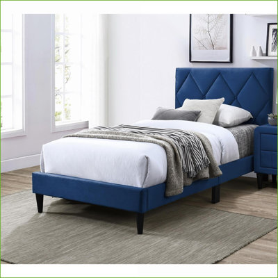 Structure de lit double tapissier pleine grandeur en velours bleu marine avec tête de lit réglable - aucun sommier requis