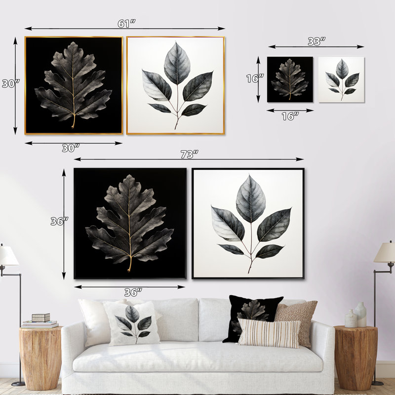Feuille de chêne noir onyx - ensemble de 2 feuilles carrées, Cadre flottant noir, H 16 po x l 33 po
