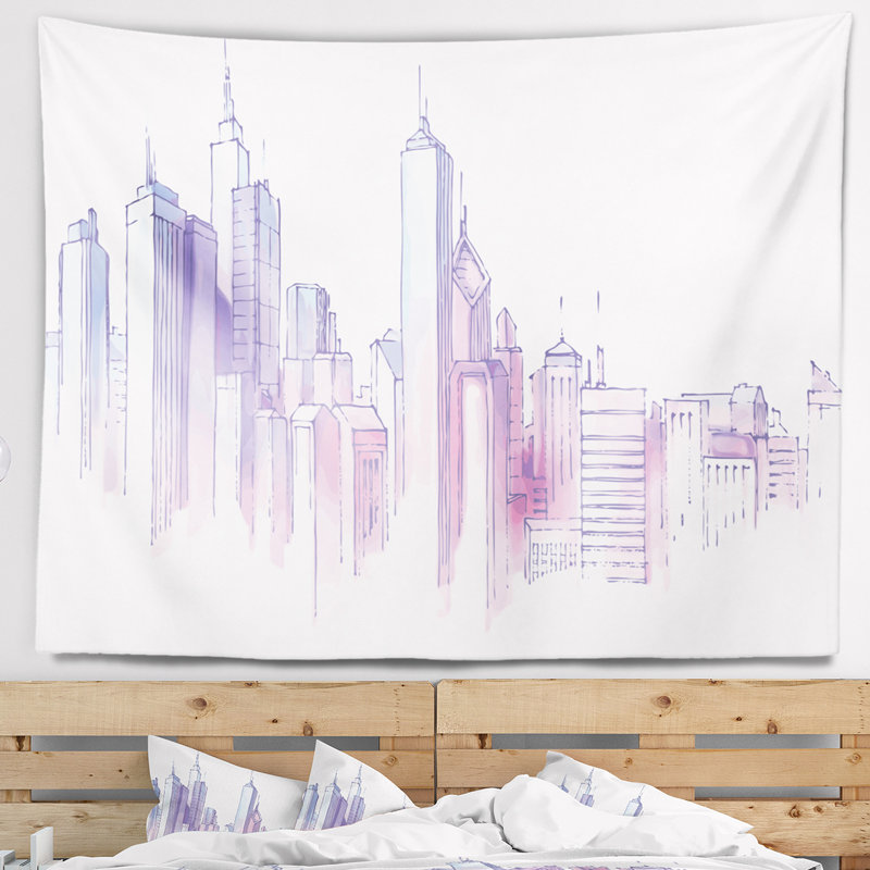 Tapisserie de paysage urbain violet city skyline, H 32 po x l 39 po