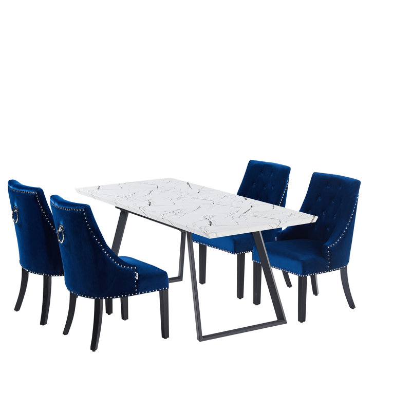 Rosamond 4 Person Dining set - a Rectangular Wooden Dining Table with Metal Legs and a Set of 4 Quilted Ring Knocker Velvet Dining Chairs for Dining Room - Modern Dining Table Set
