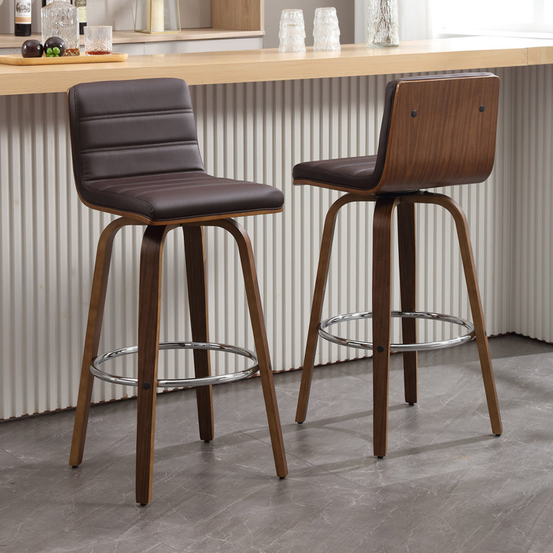 Brown PU Leather Swivel Bar Stools with Walnut Legs, Set of 3