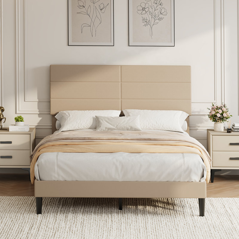 Lit plateforme tapissier pleine grandeur avec tête de lit réglable, structure en tissu de lin et support à lattes de bois, conception silencieuse pour les chambres modernes