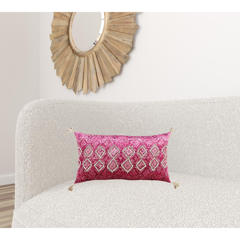 Pink and Ivory Embroidered Cotton Velvet Lumbar Pillow
