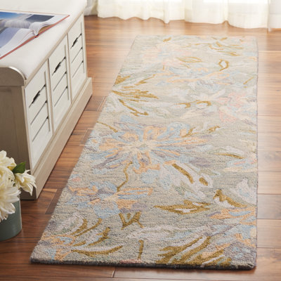 Tapis floral beige / rose / bleu en laine / coton touffeté à la main Anund