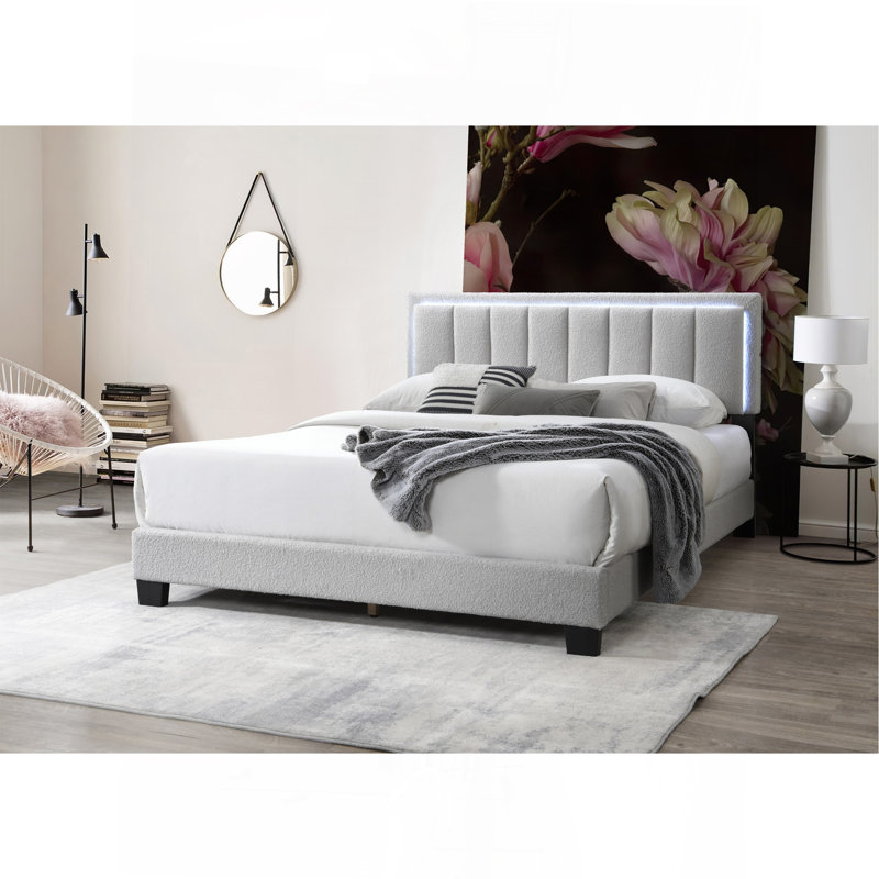 Lit de chambre à coucher tapissier à DEL grand lit 1 pièce, Gris clair