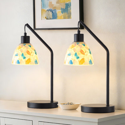 Set Of 2 Modern Table Lamps With Colorful Shell Inlay Glass Shade, Black Metal Bedside Nightstand Lamps With Inline Switch, E26 LED Bulbs Included