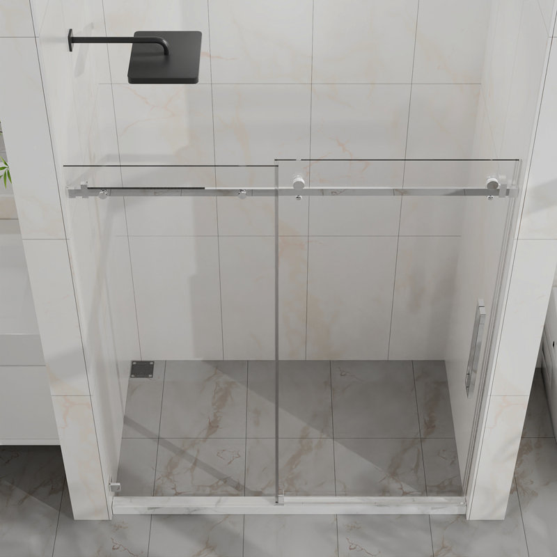 Goodyo Frameless Shower Door, 60" W X 72" H Silent Sleek Sliding Glass Door, 1/4" (6Mm) Thick Tempered Clear Glass With Easy-Clean Coating, Heavy-Duty 304 Stainless Steel, Chrome