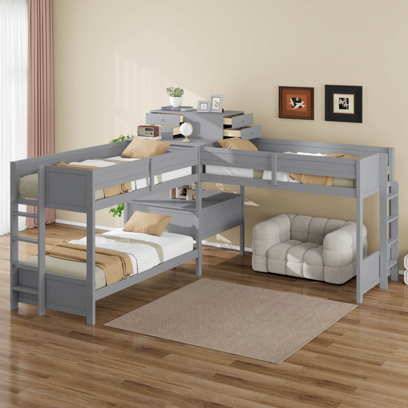 Lit simple superposé en forme de L avec bureau intégré, 4 tiroirs, ports USB et prise de courant, Gris