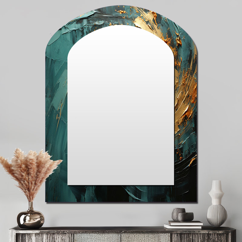 Golden Emerald Surge - miroir mural asymétrique abstrait à spirales abstraites, miroir arqué moderne, impression sur métal