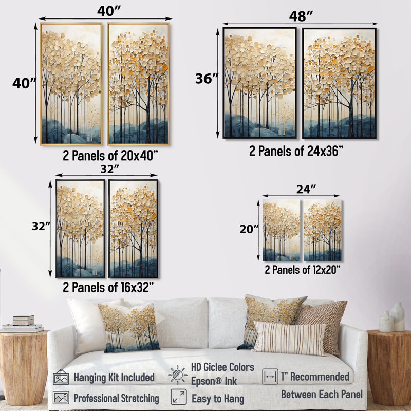 Minimalisme, arbres dorés et bleus scène IV - impressions sur toile traditionnelles beiges, H 20 po x l 24 po, Noir