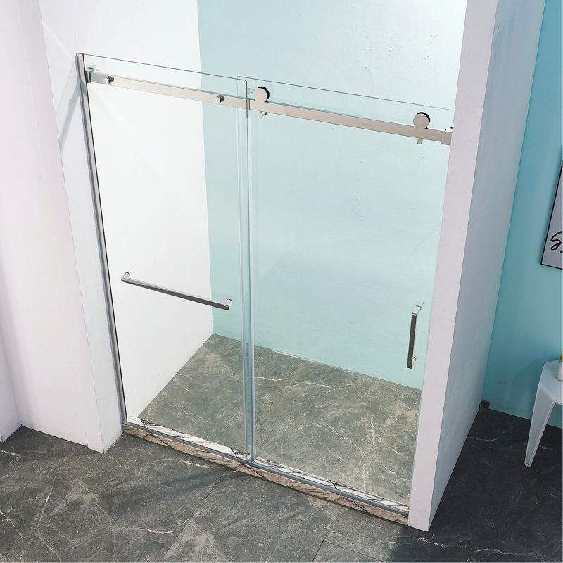 Porte de douche coulissante simple demi-cadre l 56 à 60 po x H 75 po, acier inoxydable 304 en nickel brossé, verre trempé clair de 5/16 po (8 mm) d'épaisseur