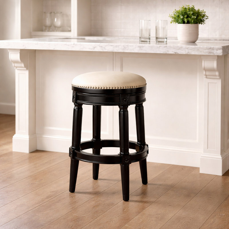Tabouret de bar et de comptoir pivotant sans dossier Mehar, Obsidienne noire avec similicuir ivoire, 4