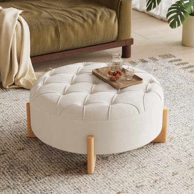 Modern Round Tufted Chenille Ottoman with Solid Wood Legs for Living Room Multi-functional Use as Coffee Table Footrest or Extra Seating