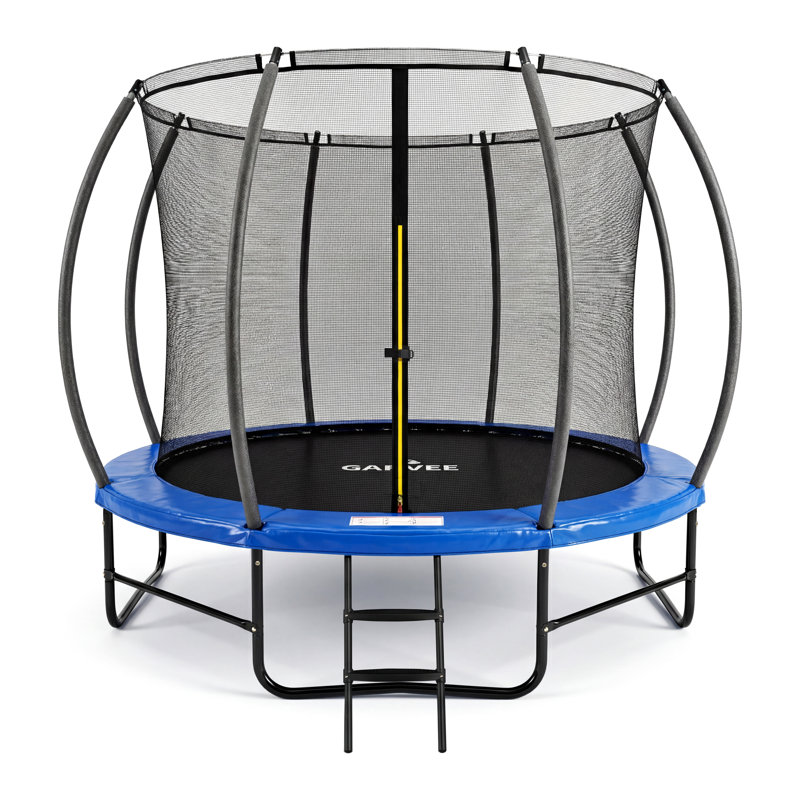 Trampoline d'extérieur 10 pi avec enceinte - structure en fer robuste, capacité de 450 lb, poteaux de sécurité courbés et pieds en forme de U pour la cour