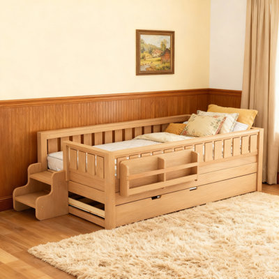 Wood Bed built-in bookshelves and Trundle