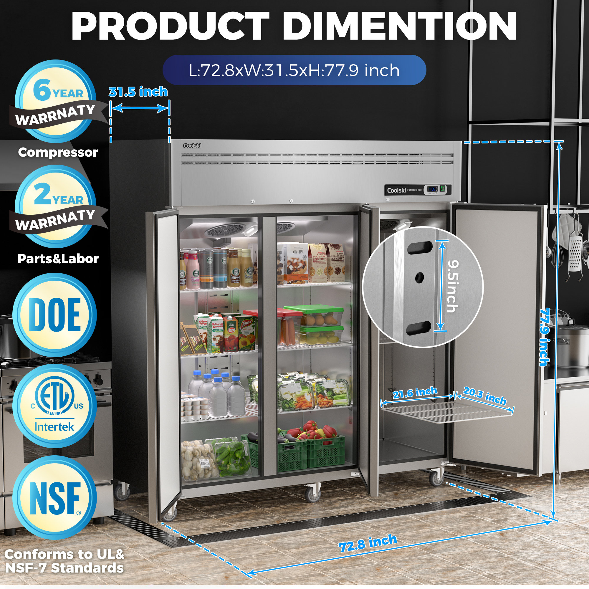 Digitale Essentials 3 Door Commercial Refrigerator, 54 Cu.ft 3 Section