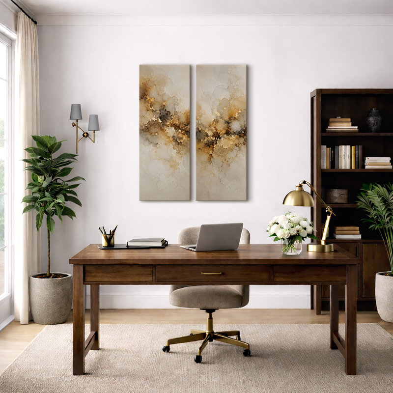 Ensemble de 2 impressions sur toile encadrées, motif marbre brun doré chaud – 81 x 30 x 5 cm, H 32 po x l 12 po