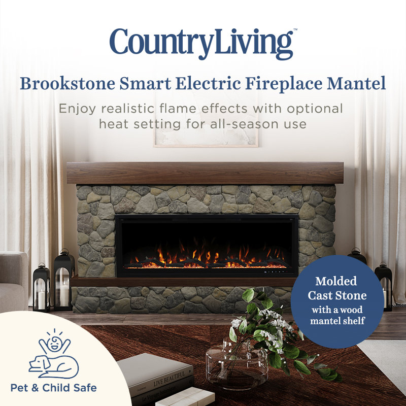 Country Living Brookstone 74" Smart Electric Fireplace Mantel Package | 50 Inch Firebox Insert Heater w/ Remote, Multi-Color Flames, Alexa/WiFi Enabled