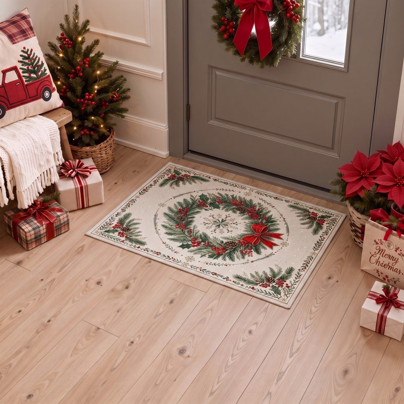 Tapis de salon lavable à poils courts, motif floral de Noël ivoire et vert avec couronne de sapin et nœud rouge