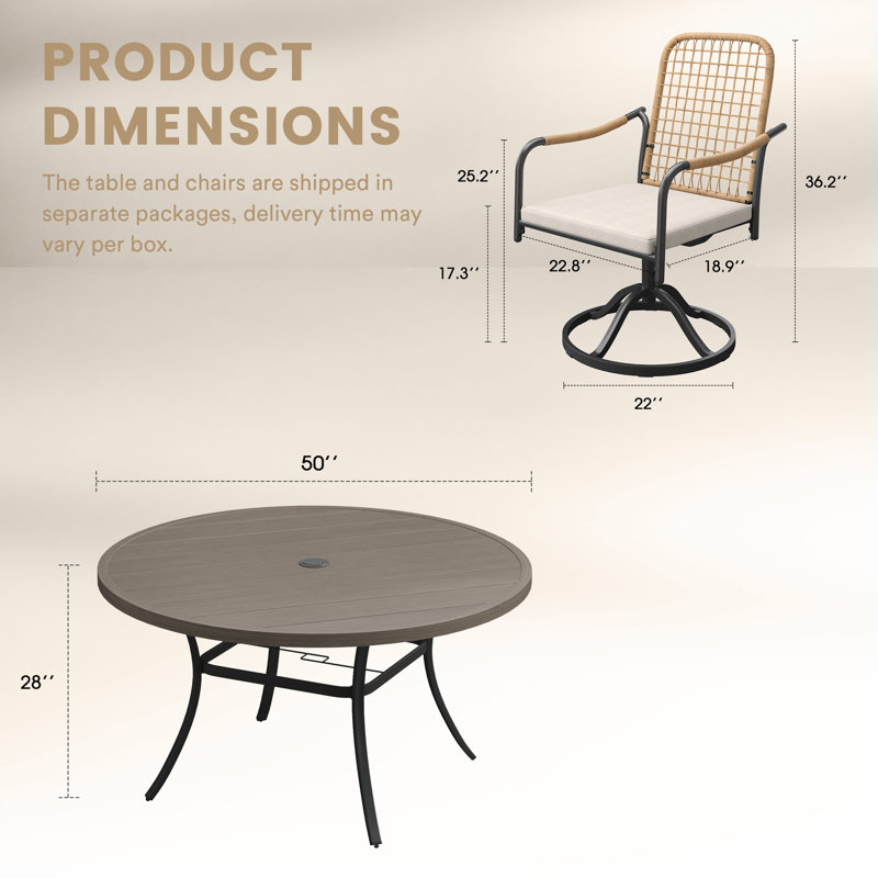 7-Pieces Patio Round Outdoor Dining Set With Swivel Rattan Armchair, Gray Woodlike