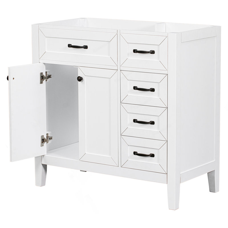 Meuble-lavabo 36 po sans lavabo, base d'armoire seulement, armoire de salle de bain avec tiroirs, cadre et panneau de fibres à densité moyenne, blanc