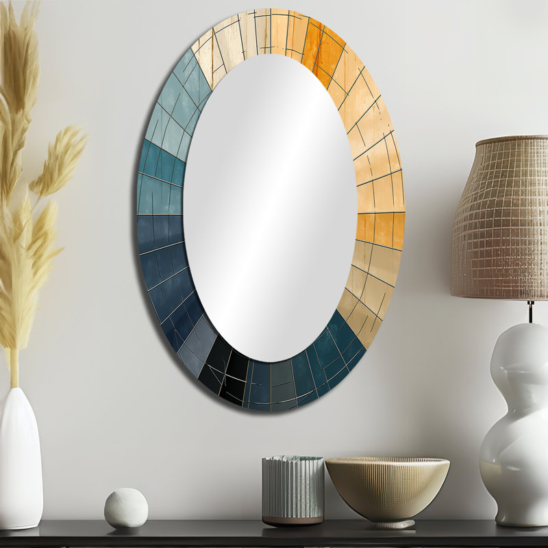Mid-Century New Balance Abstract Geometrics II - Blue Mid-Century Oval Wall Mirror, 36" x 24"